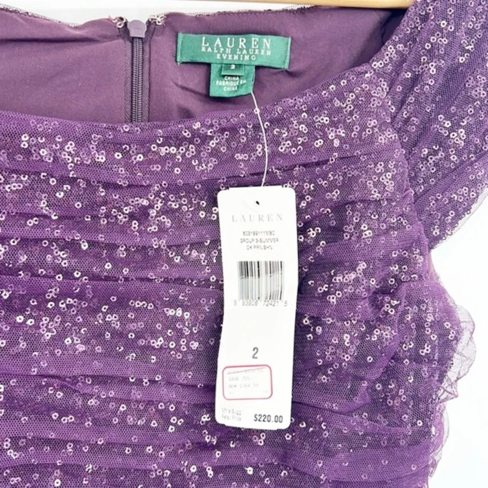 LAUREN Ralph Lauren Evening Sequin Dress Purple Ruched size 2 NWT!